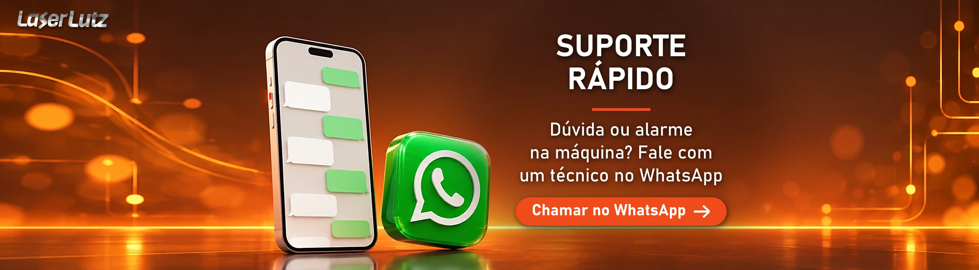 Suporte rápido: dúvida ou alarme na máquina? Fale com um técnico pelo WhatsApp. Botão: Chamar no WhatsApp.