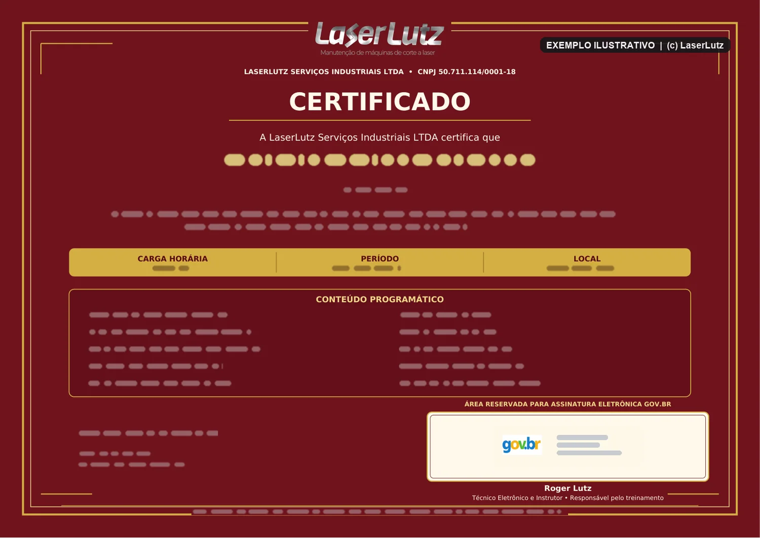 Exemplo de certificado do operador, assinado digitalmente (gov.br), com os dados ocultos